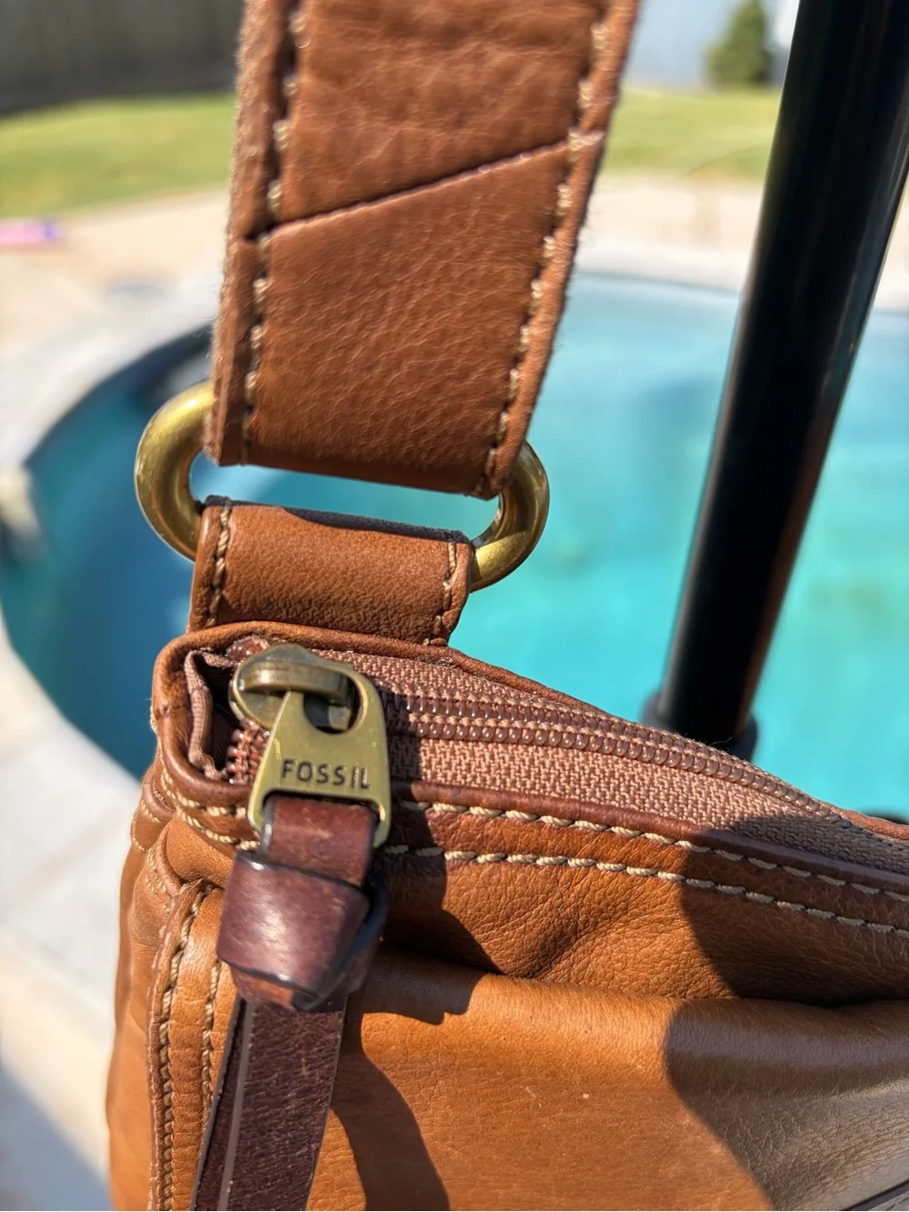 Fossil Tan/Brown Leather Messenger Crossbody Bag